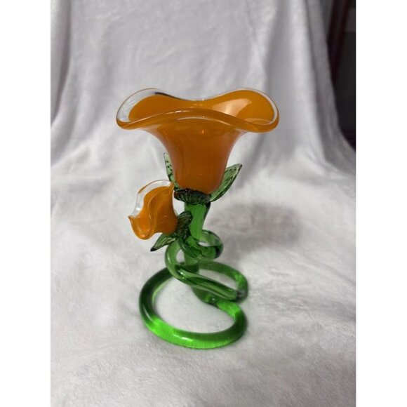 Handcrafted Orange & Green Art Glass Lily Flower Figurine Candle Holder - Picture 2 of 11